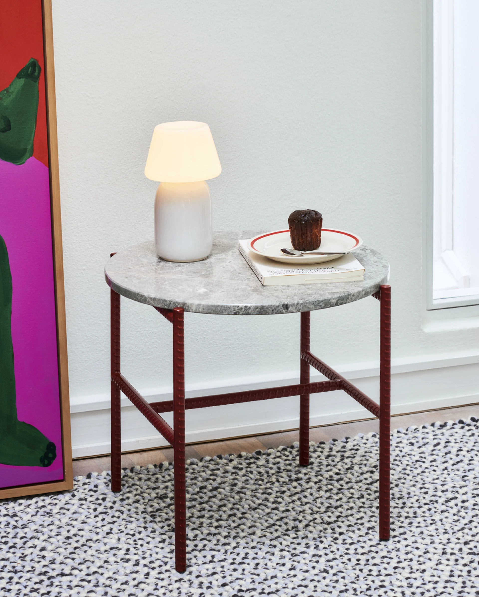 Rebar Round Side Table Barn red powder coated steel frame with Marble tabletop Rebar Round Side Table Barn red powder coated steel frame with Marble tabletop