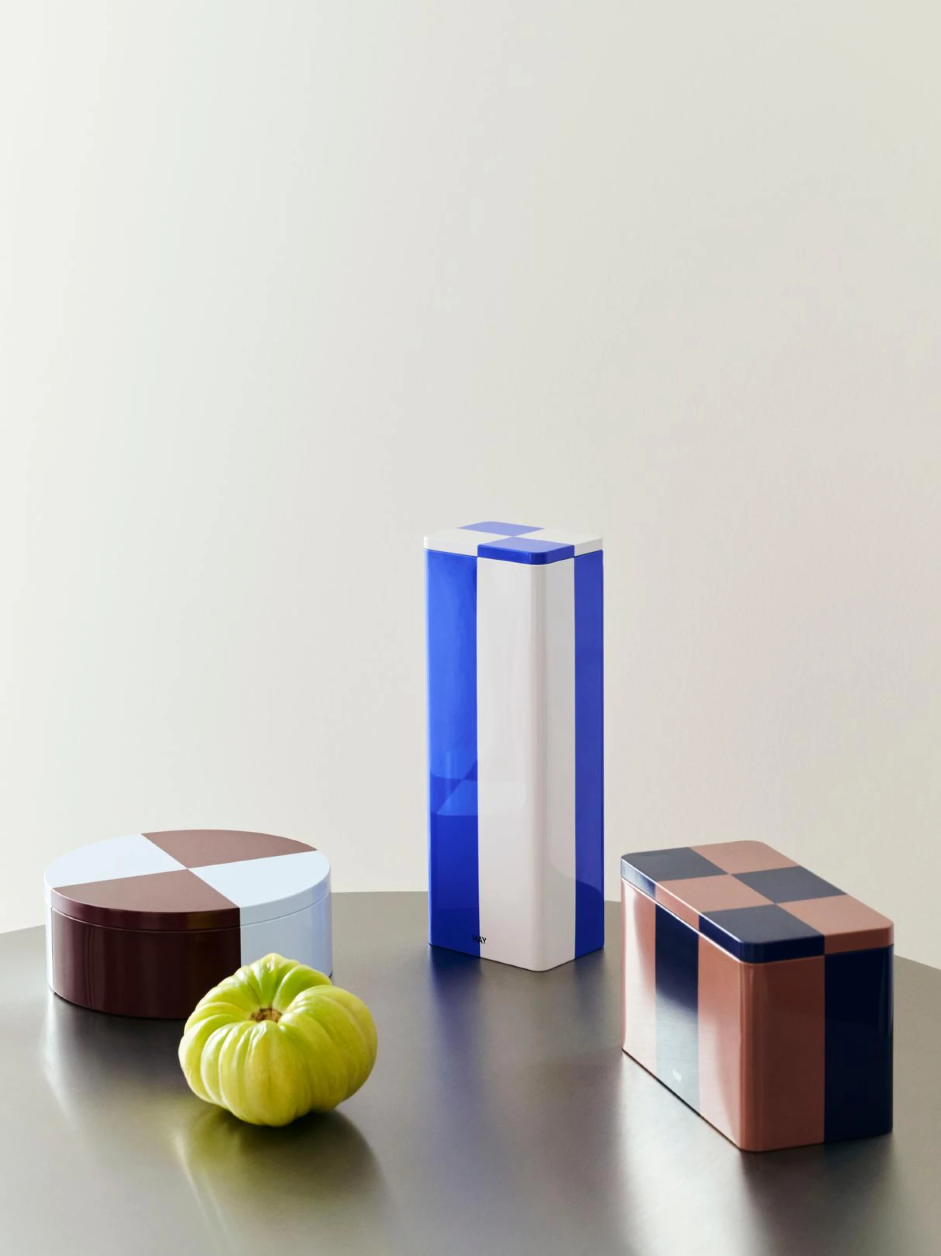 Tin Container Round Burgundy and ice blue