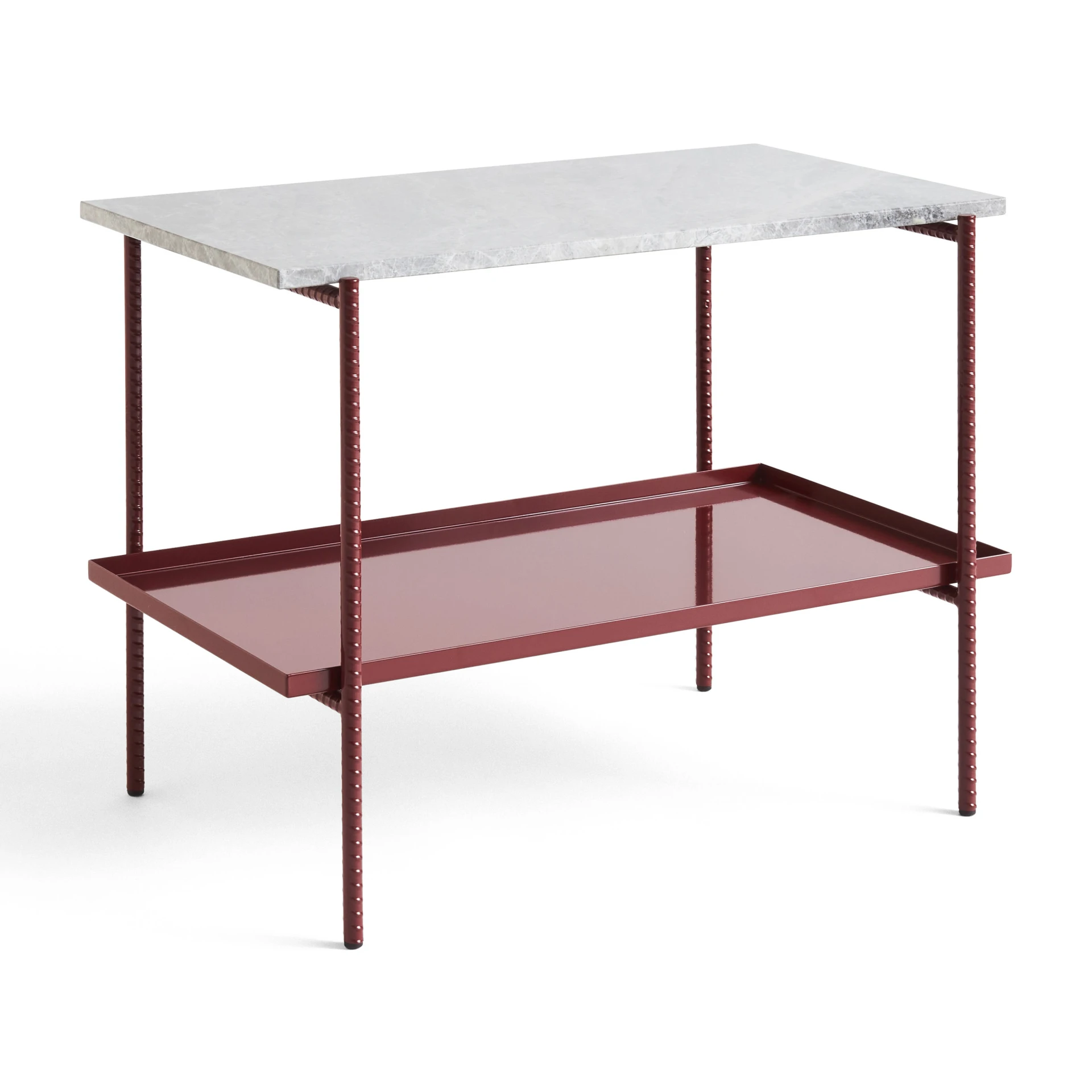 Rebar Rectangular Side Table Barn red frame with Two trays in Red steel and grey marble L75 x W44 x H55 