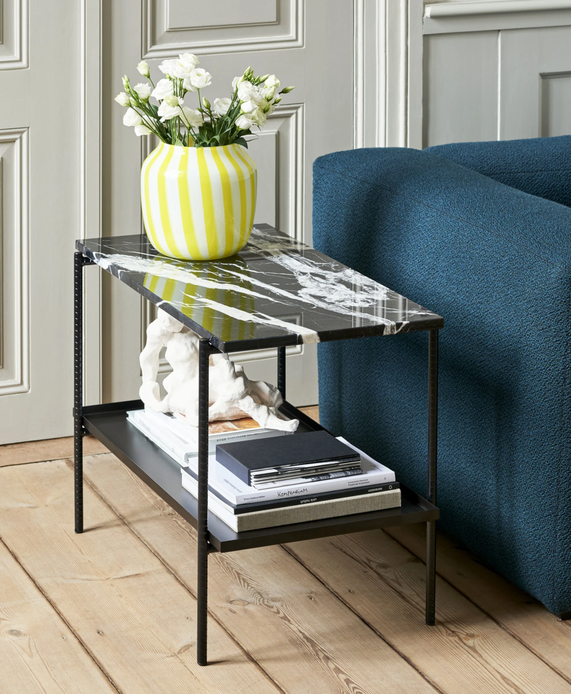 Rebar Rectangular Side Table Soft black frame with Two trays in Soft black steel and marble L75 x W44 x H55 
