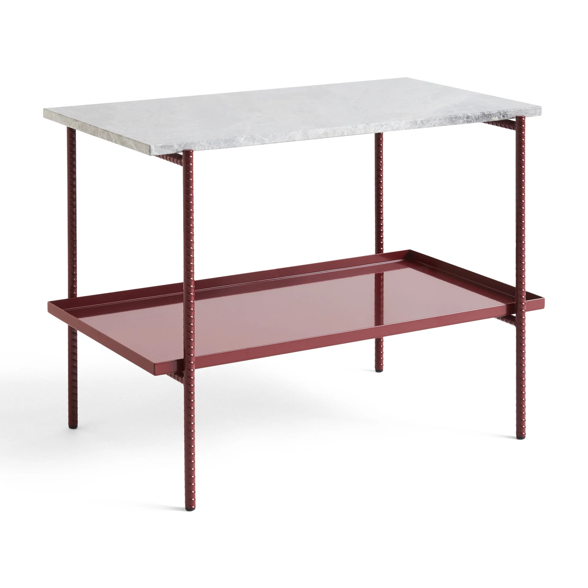 Rebar Rectangular Side Table Barn red frame with Two trays in Red steel and grey marble L75 x W44 x H55 