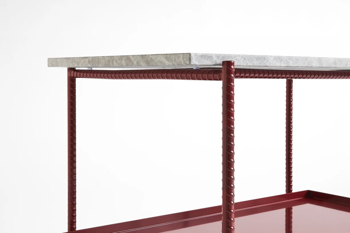 Rebar Rectangular Side Table Barn red frame with Two trays in Red steel and grey marble L75 x W44 x H55 
