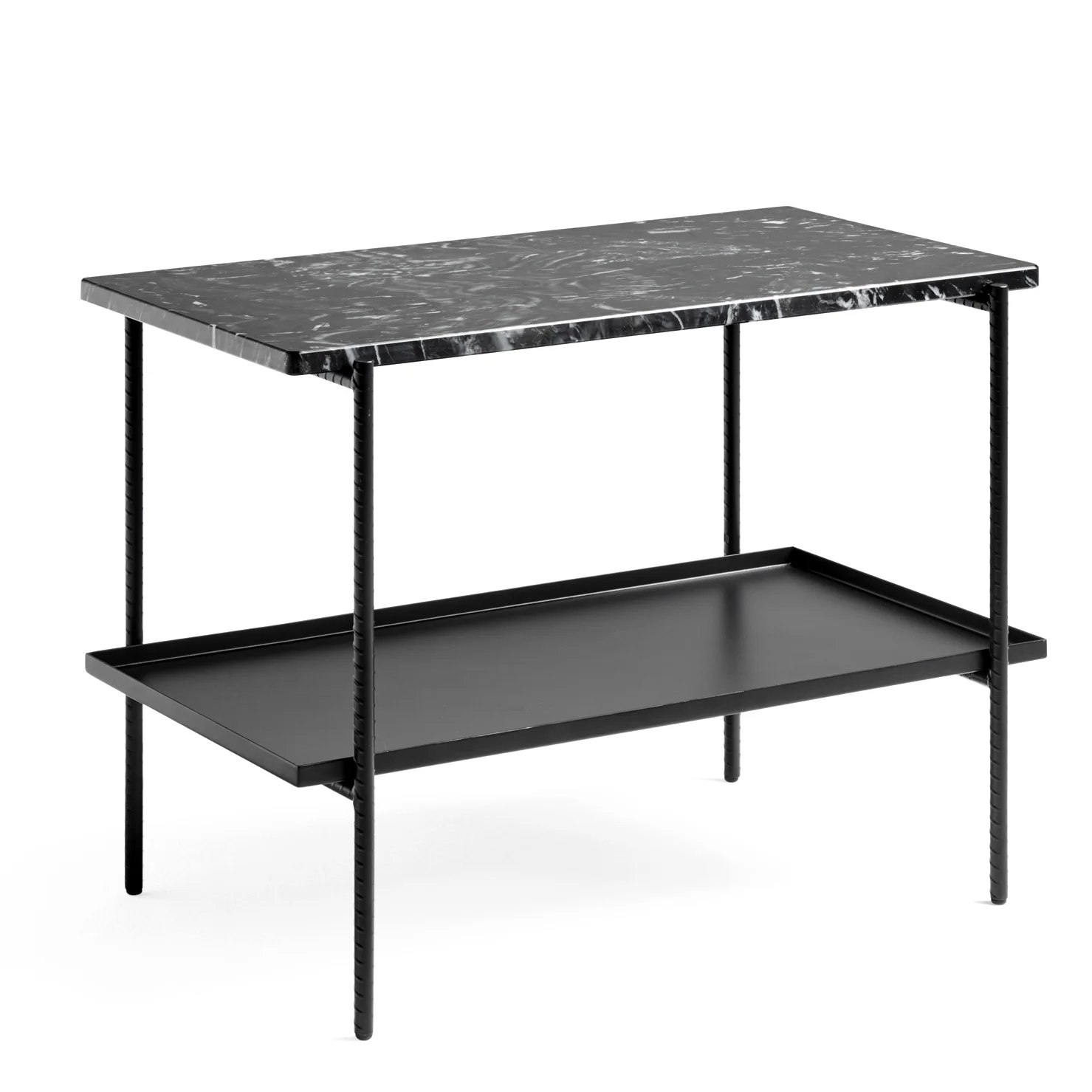 Rebar Rectangular Side Table Soft black frame with Two trays in Soft black steel and marble L75 x W44 x H55 