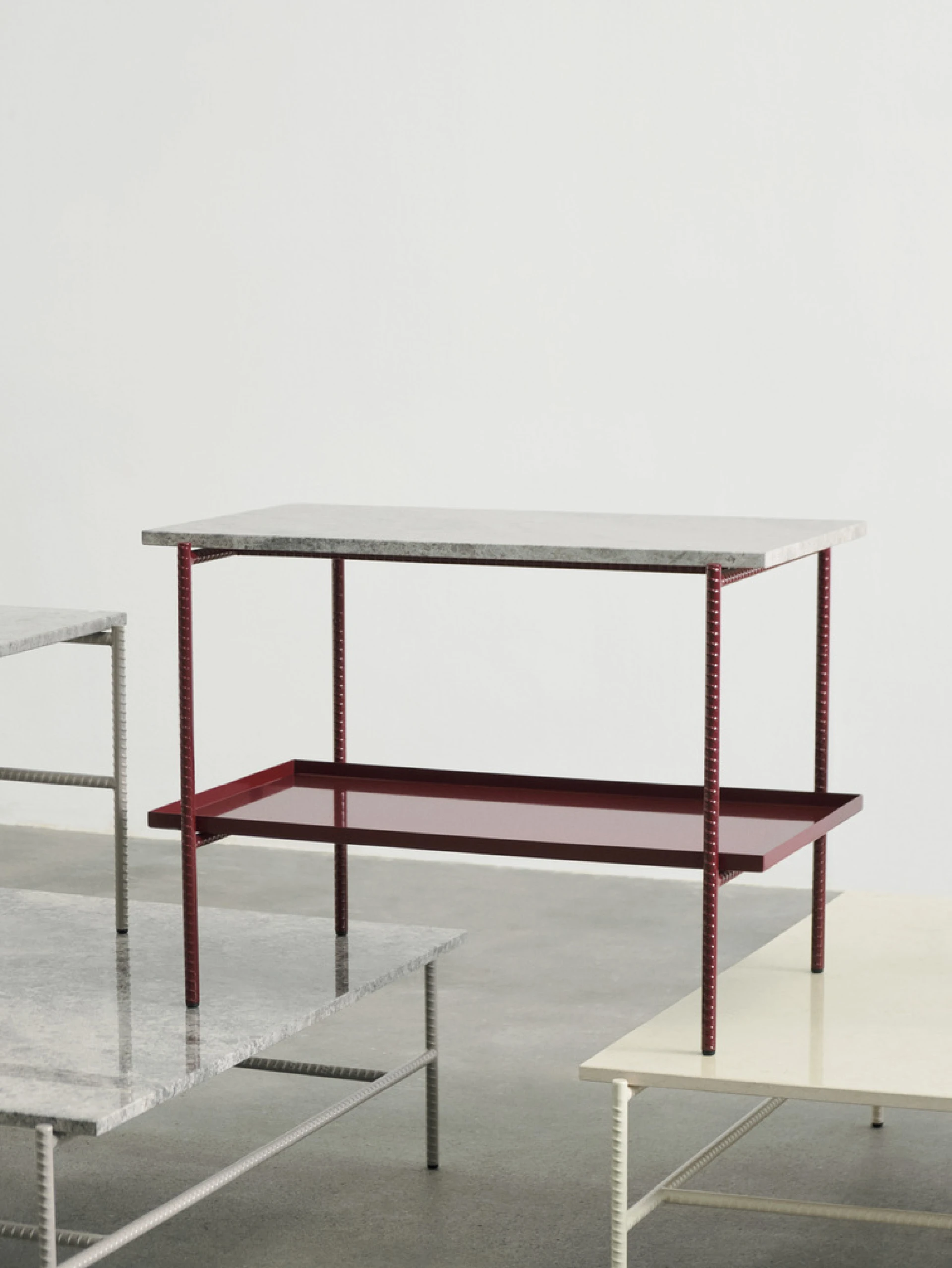 Rebar Rectangular Side Table Barn red frame with Two trays in Red steel and grey marble L75 x W44 x H55 