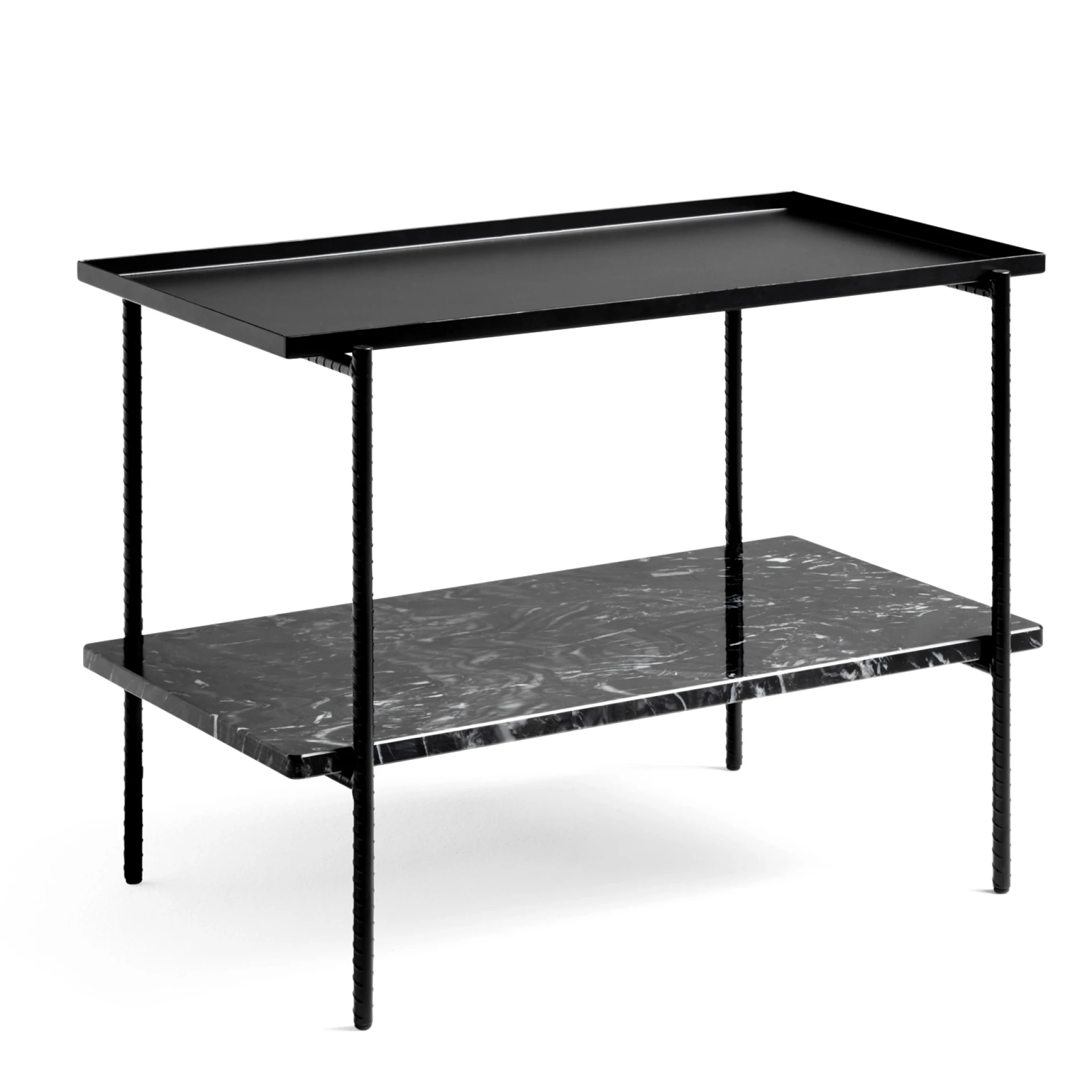 Rebar Rectangular Side Table Soft black frame with Two trays in Soft black steel and marble L75 x W44 x H55 