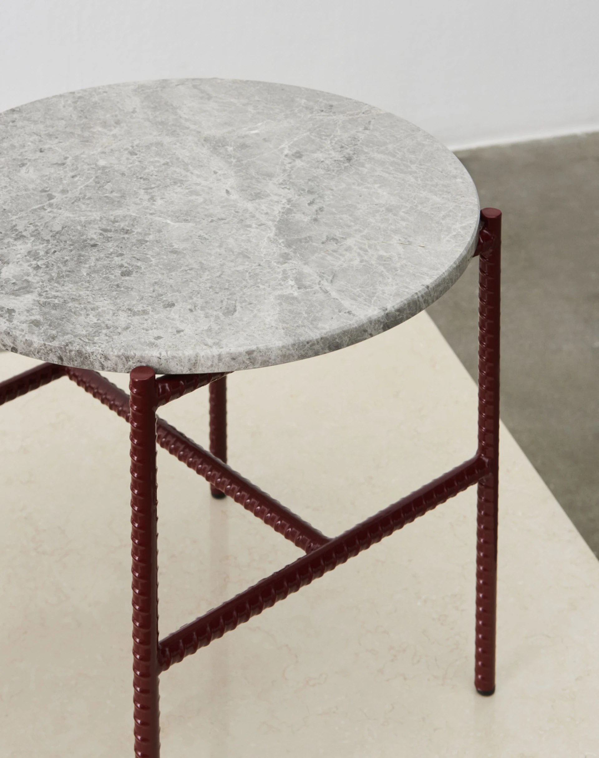Rebar Round Side Table Barn red powder coated steel frame with Marble tabletop