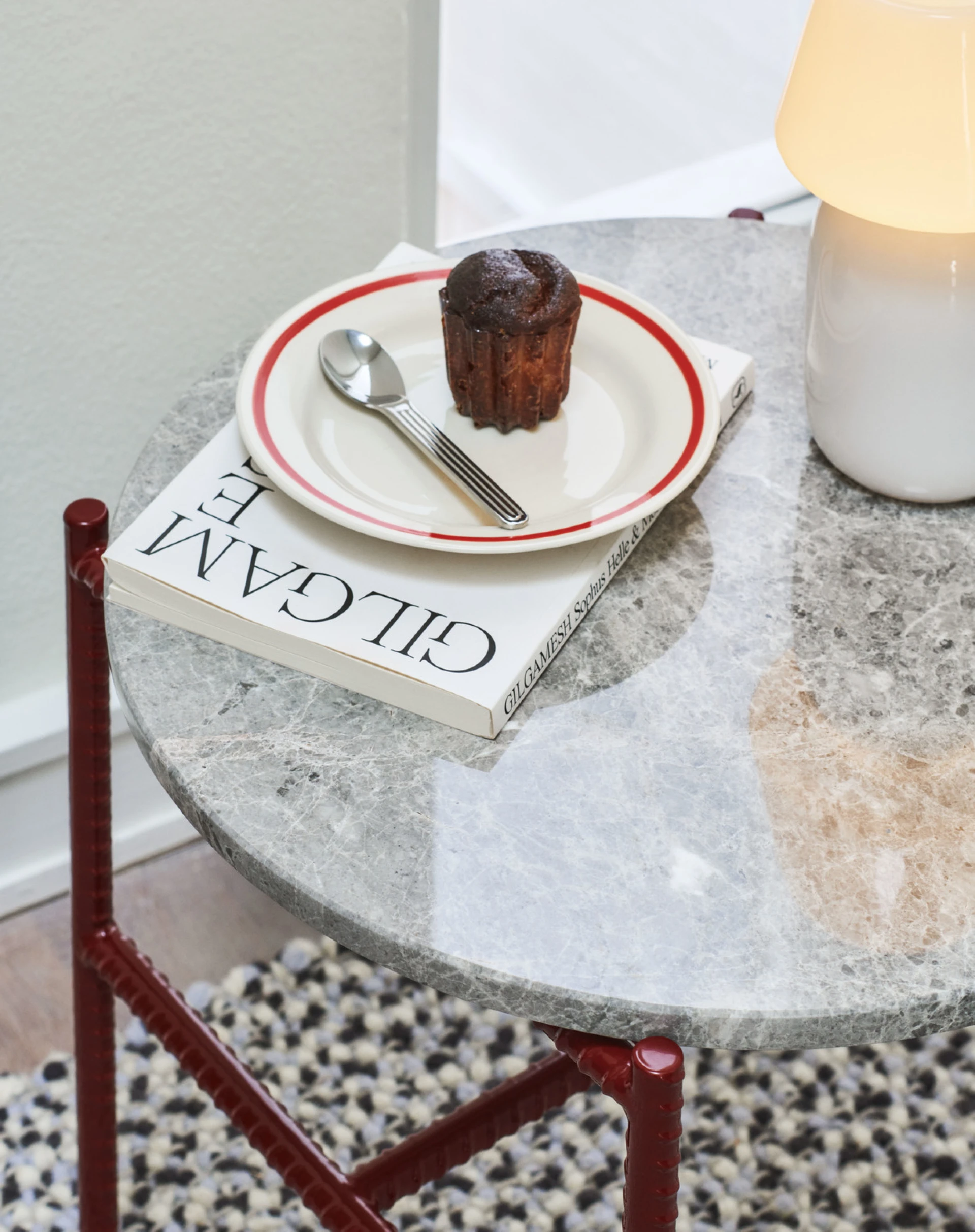 Rebar Round Side Table Barn red powder coated steel frame with Marble tabletop