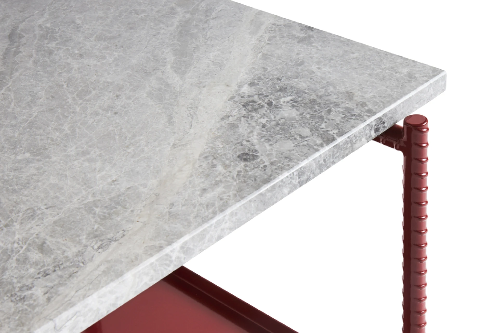 Rebar Rectangular Side Table Barn red frame with Two trays in Red steel and grey marble L75 x W44 x H55 